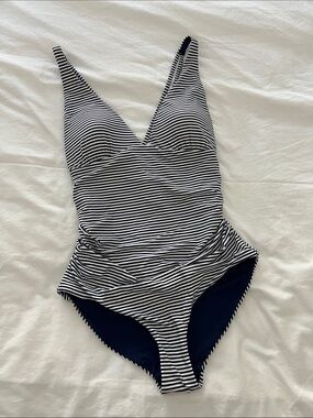 Women’s Navy and White Striped One-Piece Reversible Swimsuit